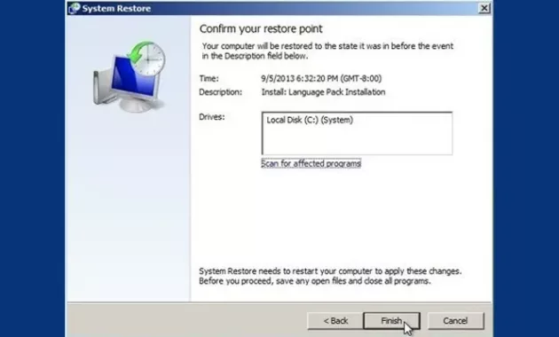 Tekan Finish Agar Sistem Resore Mengembalikan File Windows 7 Yang Rusak